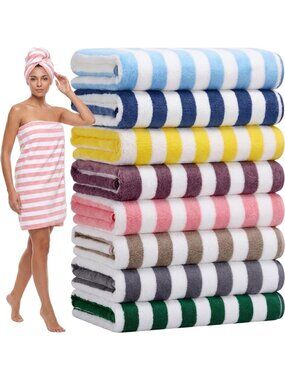 8 Pack Microfiber Bath Towels - Soft, Absorbent, Wide Stripe, Bright Colors